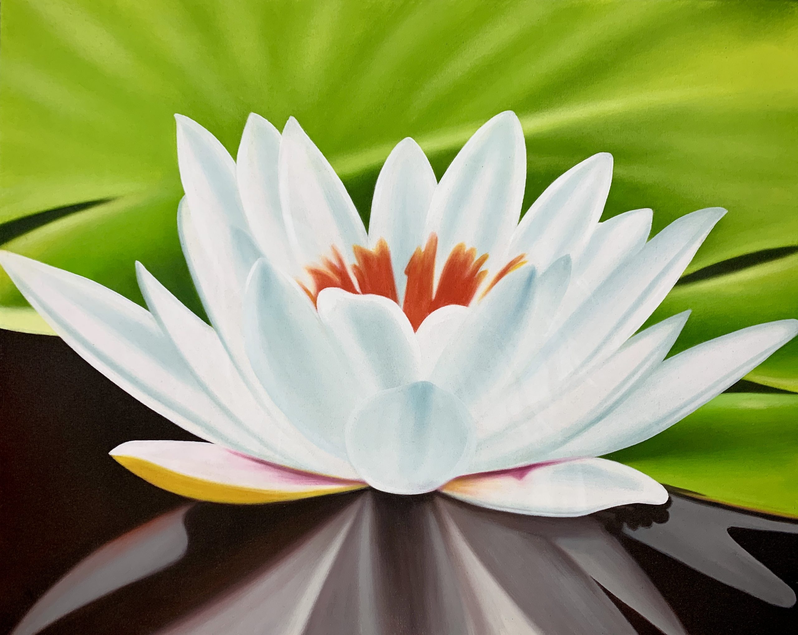 Single White Lotus on Leaf painting Balikarma Online Shop