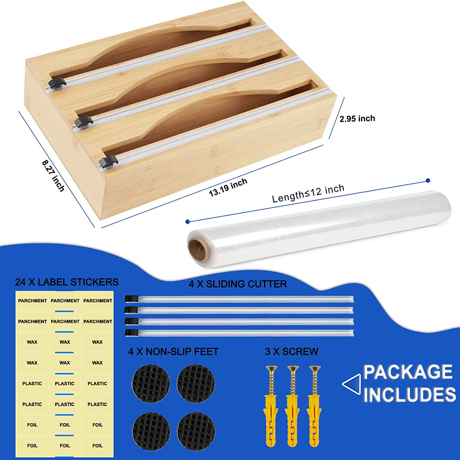 Bamboo Plastic Wrap Dispenser with Cutter Aluminum Foil Dispenser with