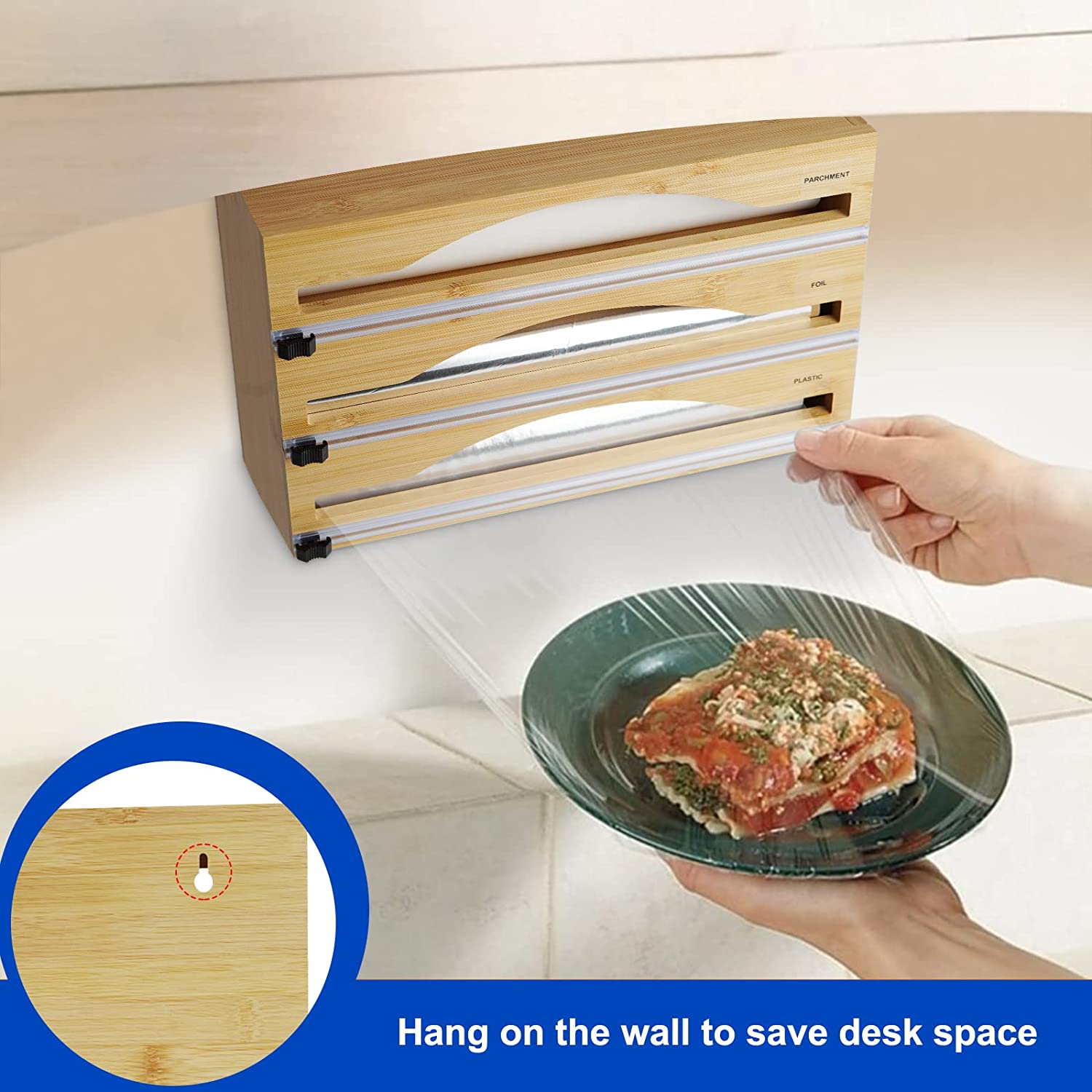 Bamboo Plastic Wrap Dispenser with Cutter Aluminum Foil Dispenser with