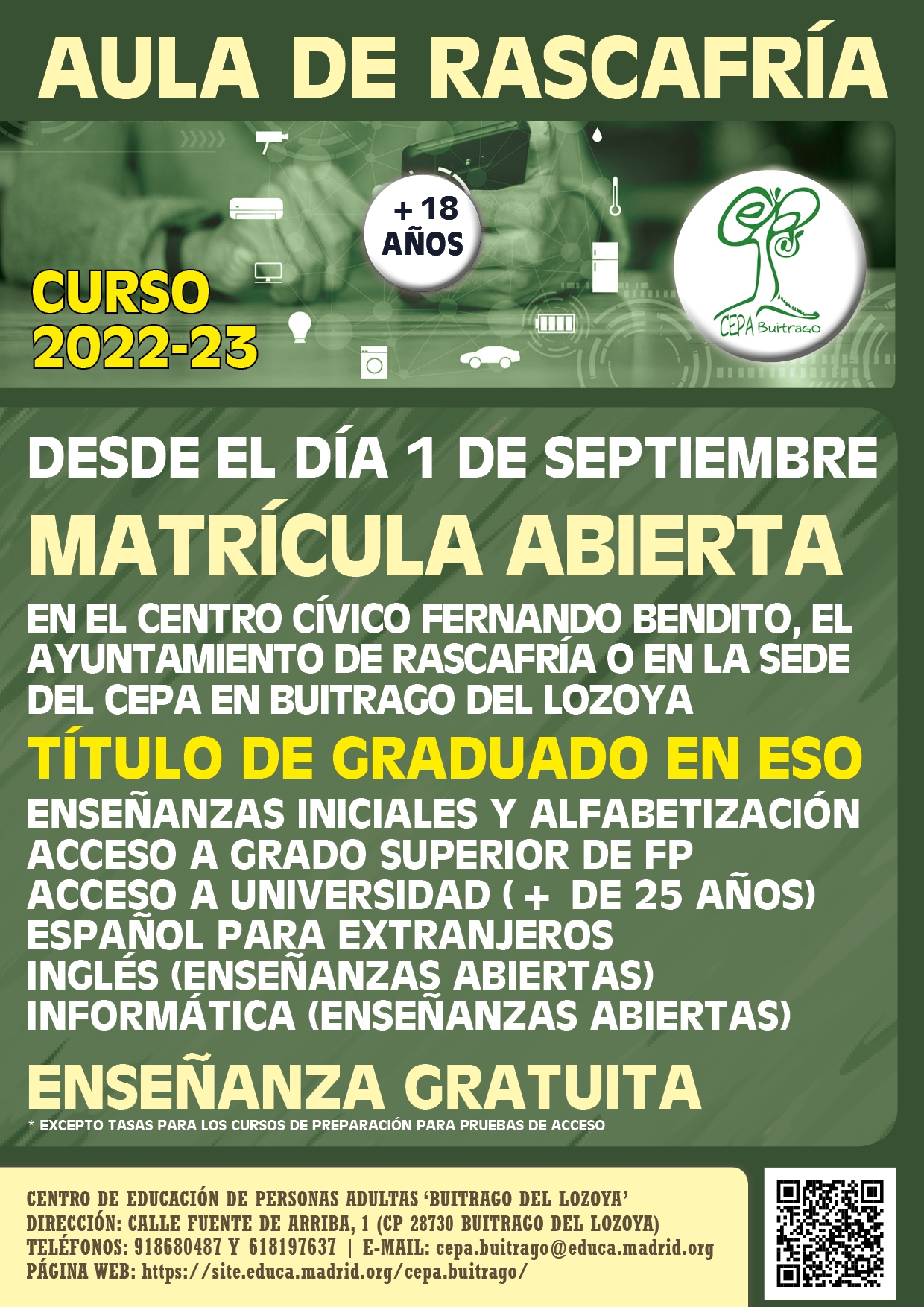 MATRICULA ABIERTA CEPA BUITRAGO AULA RASCAFRIA CURSO 20222023