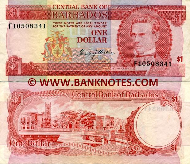 Barbados 1 Dollar 1973 Barbadosian Currency Bank Notes, Paper Money