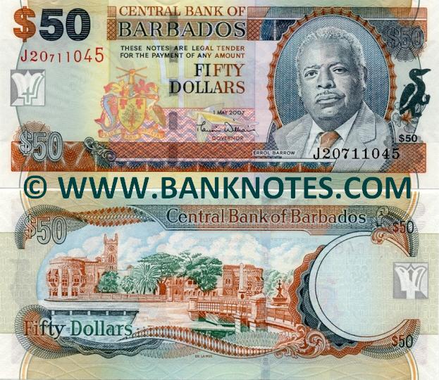 Barbados 50 Dollars 2007 Barbadian Currency Bank Notes, Paper Money