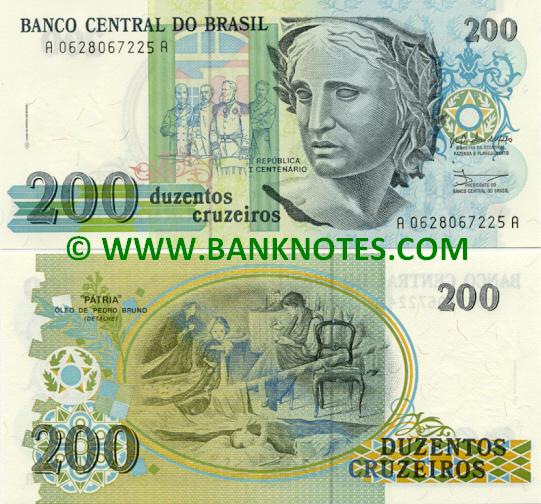 Brazil 200 Cruzeiros 1990 Brazilian Currency Bank Notes, Paper Money, Banknotes, Banknote