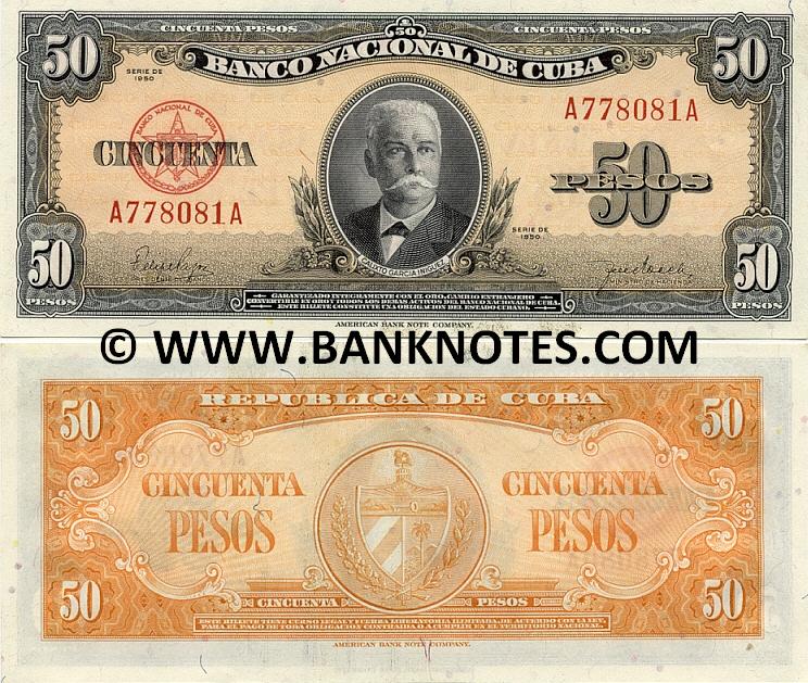 Cuba 50 Pesos 1950 Cuban Paper Money, Currency, Bank Notes, World