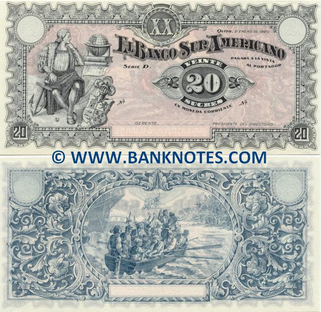 Ecuador 20 Sucres 1920 Ecuadorian Currency Bank Notes, Paper Money
