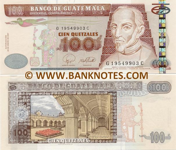 Guatemala 100 Quetzales 2007 Guatemalan Currency Bank Notes, Paper