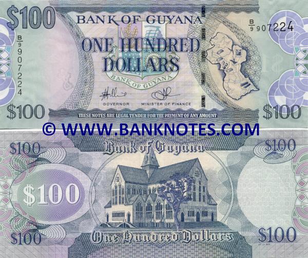 Guyana 100 Dollars 2008 Guyanese Currency Bank Notes, Paper Money