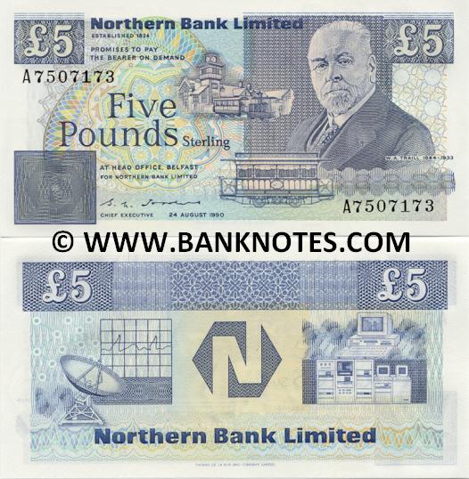 Northern Ireland 5 Pounds 1990 Irish Currency Bank Notes, Paper Money