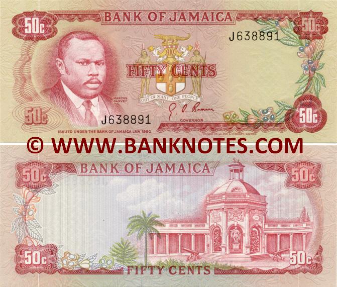 Jamaica 50 Cents 1970 Jamaican Currency Bank Notes, Paper Money
