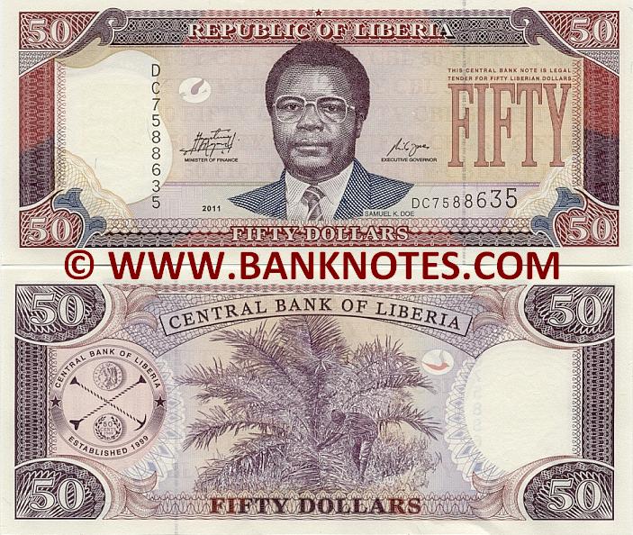 Liberia 50 Dollars 19992011 Liberian Currency Bank Notes, Paper