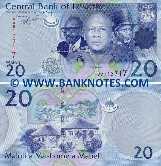 Lesotho 20 Maloti 2010 Lesotho Currency Bank Notes, African Paper
