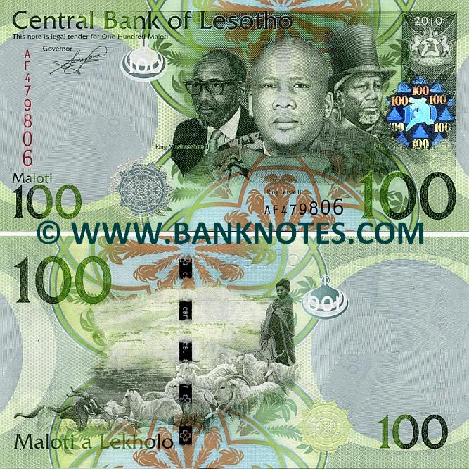 Lesotho 100 Maloti 2010 Lesotho Currency Bank Notes, African Paper