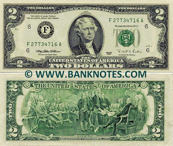United States of America 2 Dollars 1995 North American Currency Bank Notes, Paper Money, World