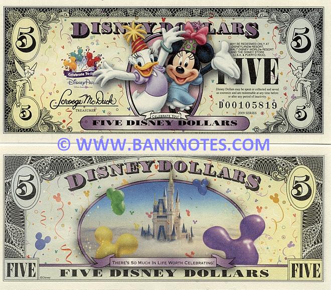 Disney 5 Dollars 2009 Disney Dollars, Banknotes, Paper Money, World