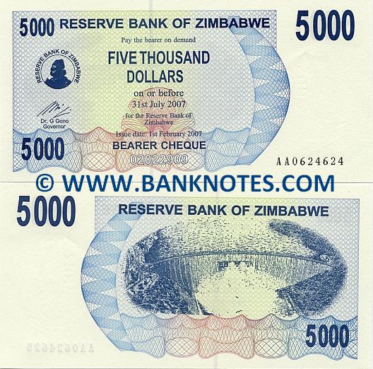 Zimbabwe 5000 Dollars 2007 Zimbabwean Currency Bank Notes, Paper
