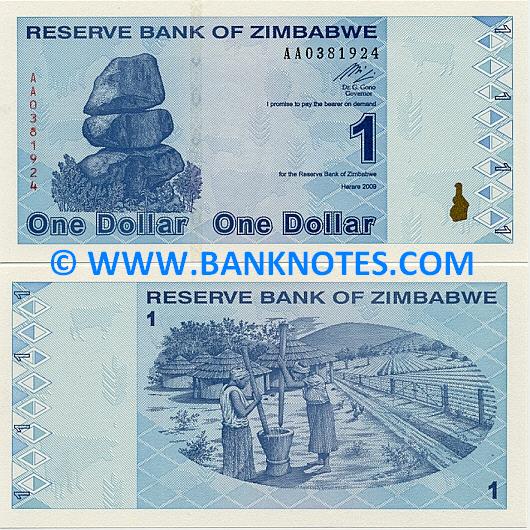Zimbabwe One Dollar 2009 Zimbabwean Currency Bank Notes, Paper Money