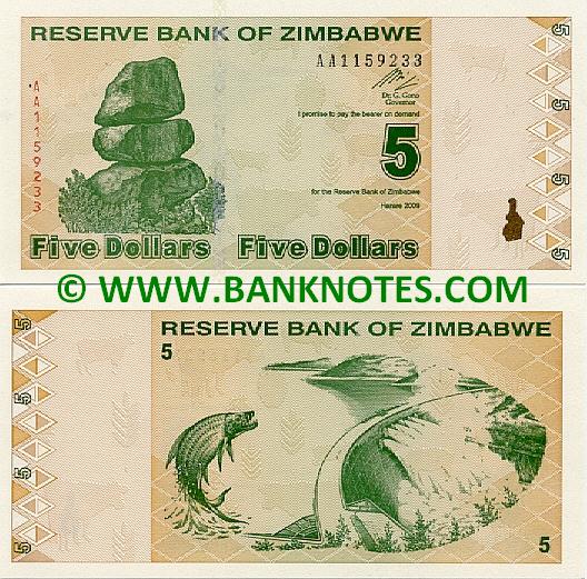 Zimbabwe 5 Dollars 2009 Zimbabwean Currency Bank Notes, Paper Money