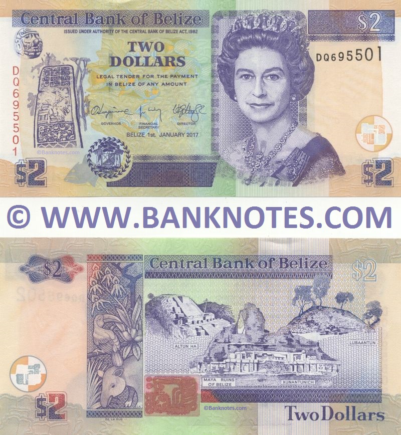 Belize 2 Dollars 2017 Belizian Currency Bank Notes, Paper Money