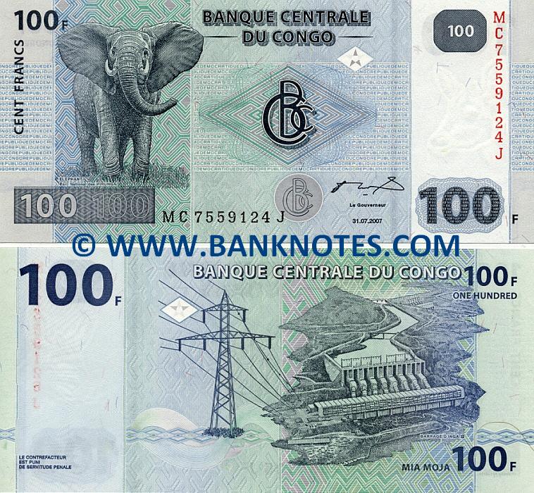Congo Democratic Republic 100 Francs 2007 Congolese Currency Bank