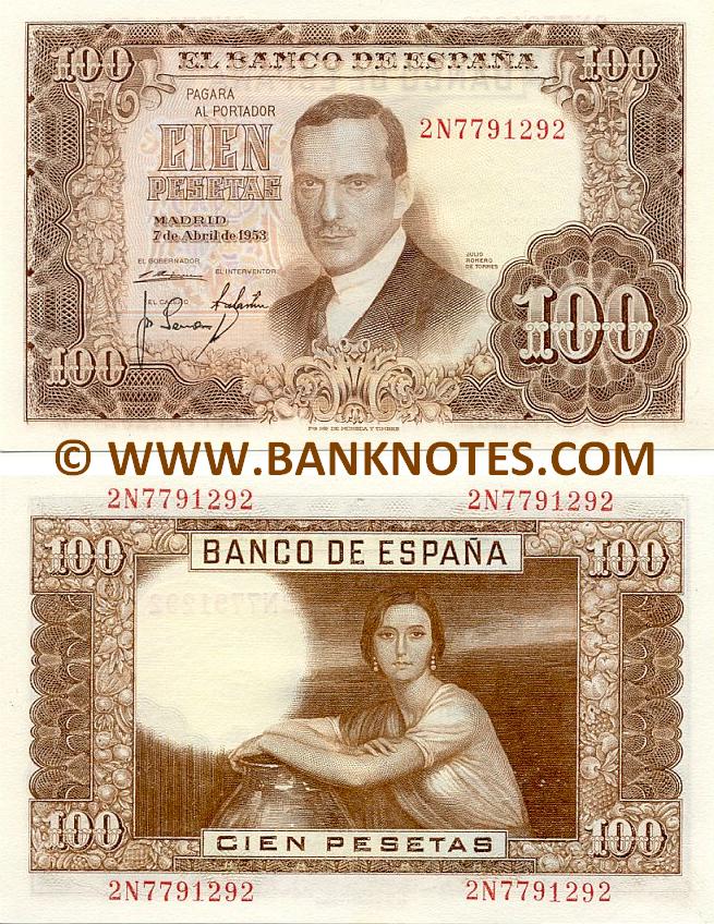 Spain 100 Pesetas 1953 Spanish Currency Bank Notes, European Paper