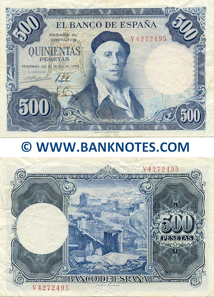 Spain 500 Pesetas 1954 Spanish Currency Bank Notes, European Paper