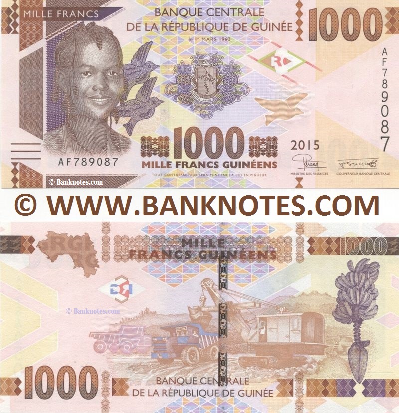 Guinea 1000 Francs 2015 Guinean Currency Bank Notes, West African