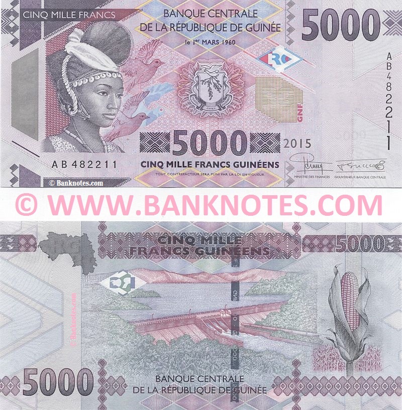 Guinea 5000 Francs 2015 Guinean Currency Bank Notes, West African