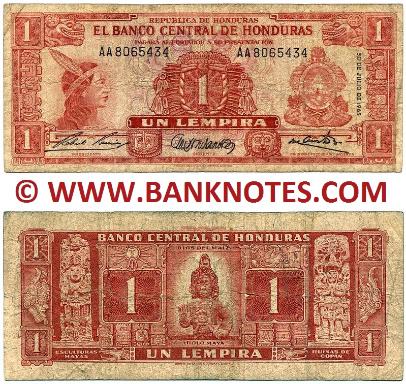 Honduras 1 Lempira 1965 Honduran Currency Bank Notes, Central American Paper Money, Latin