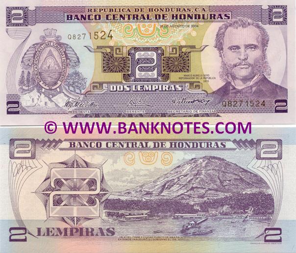 Honduras 2 Lempiras 2004 Honduran Currency Bank Notes, Paper Money