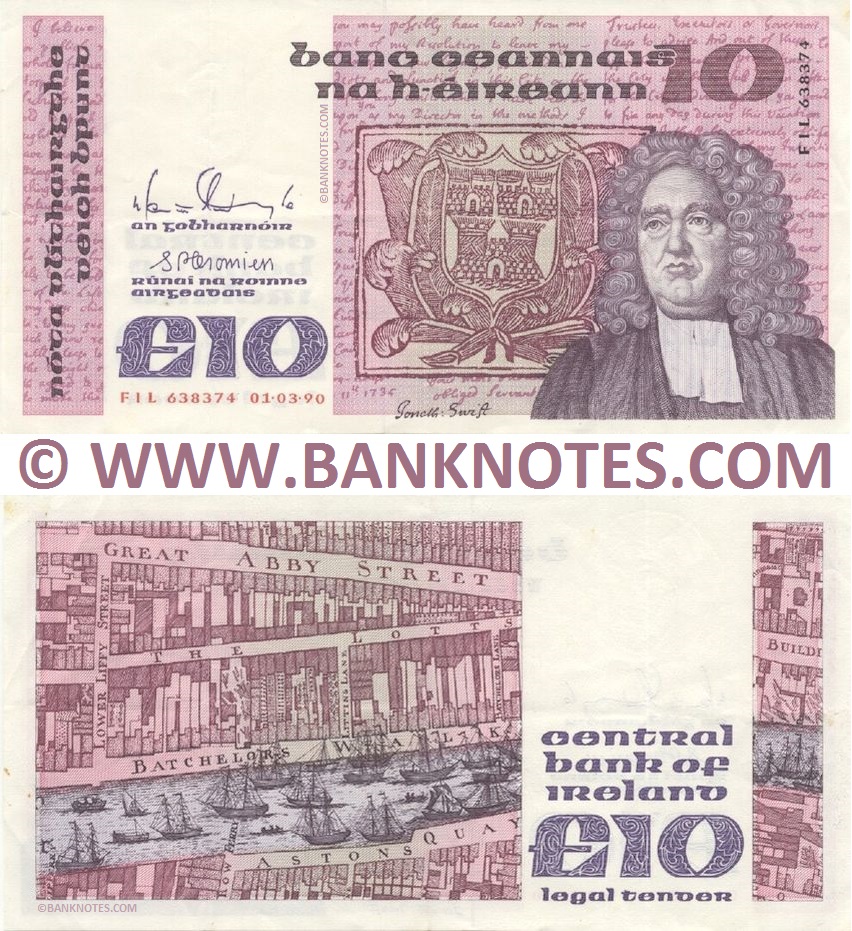 Ireland 10 Pounds / Bpunt 1990 Irish Currency Banknotes, European
