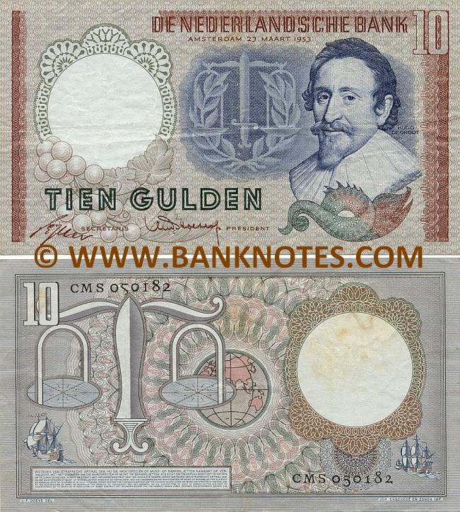 Netherlands 10 Gulden 1953 Holland Dutch Currency Bank Notes