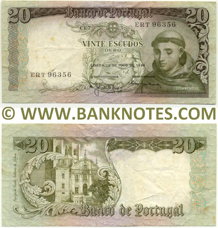 Portugal 20 Escudos 1964 Portuguese Currency Bank Notes, European
