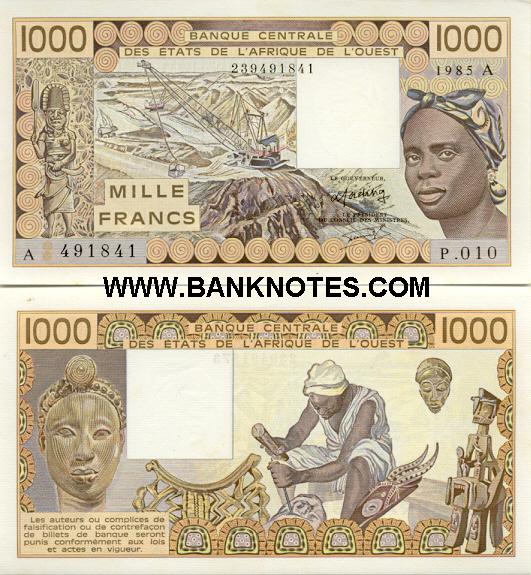 Cote d'Ivoire 1000 Francs 1985 Ivory Coast Ivorian Currency Bank