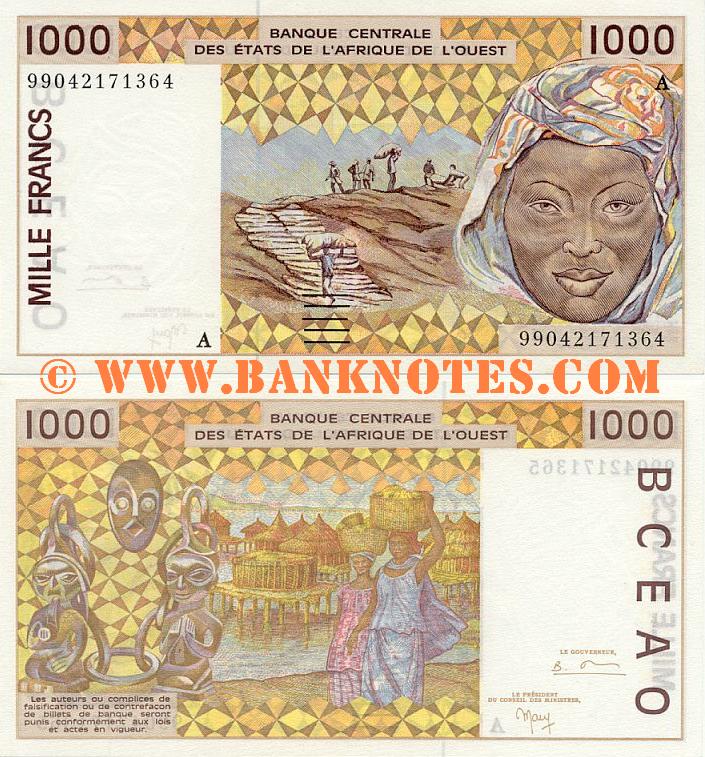 Cote d'Ivoire 1000 Francs 1999 Ivory Coast Ivorian Currency Bank