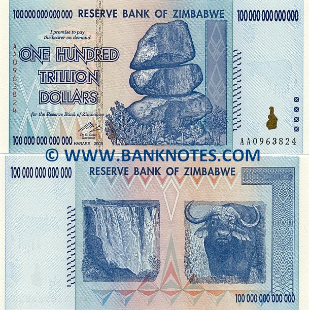 Zimbabwe 1 Hundred Trillion Dollars 2008 Zimbabwean Currency Bank