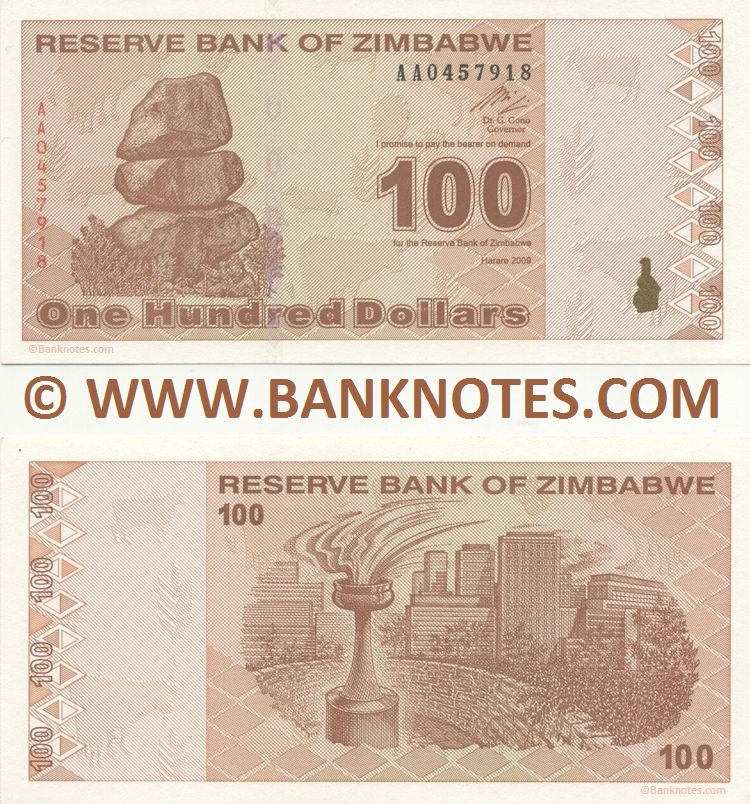 Zimbabwe 100 Dollars 2009 Zimbabwean Currency Banknotes, African