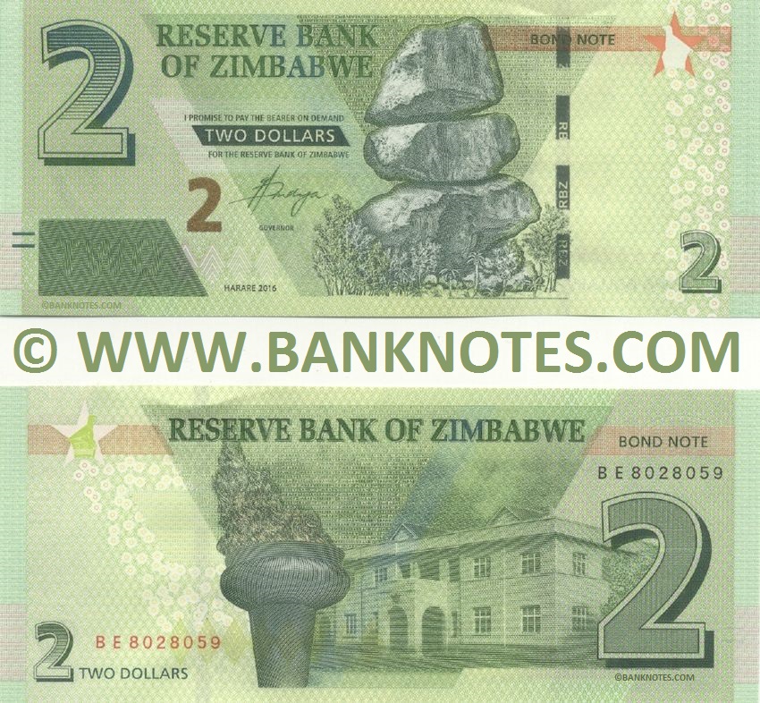 Zimbabwe 2 Dollars 2016 Zimbabwean Currency Banknotes, African Paper
