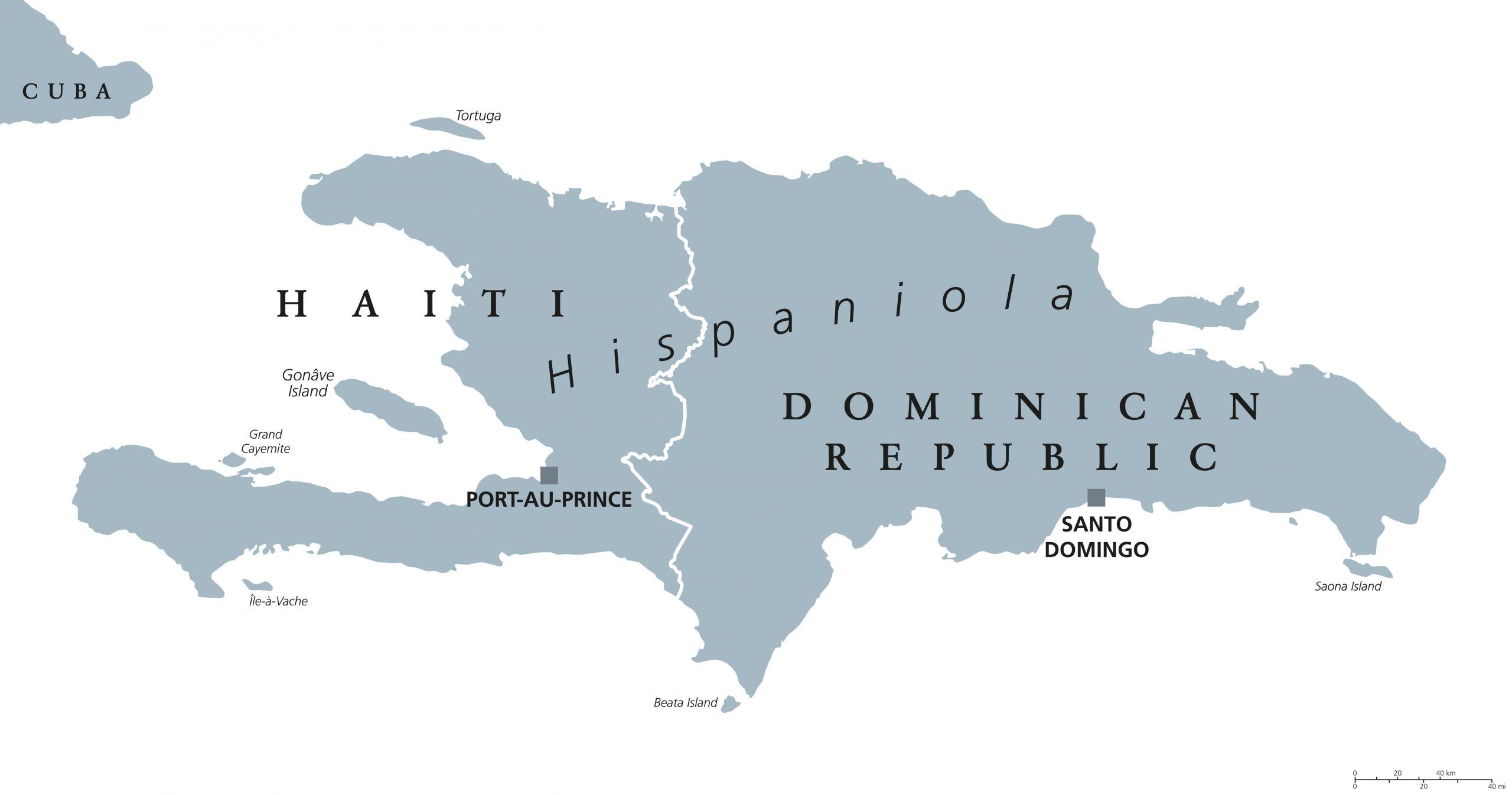 Santo Domingo On A Map Hispaniola Political Map, Also San Domingo. Haiti And Dominican Republic With Capitals Port-Au-Prince And Santo Domingo, In The Caribbean Island Group. Gray Illustration With English Labeling. Vector. – Banknote World