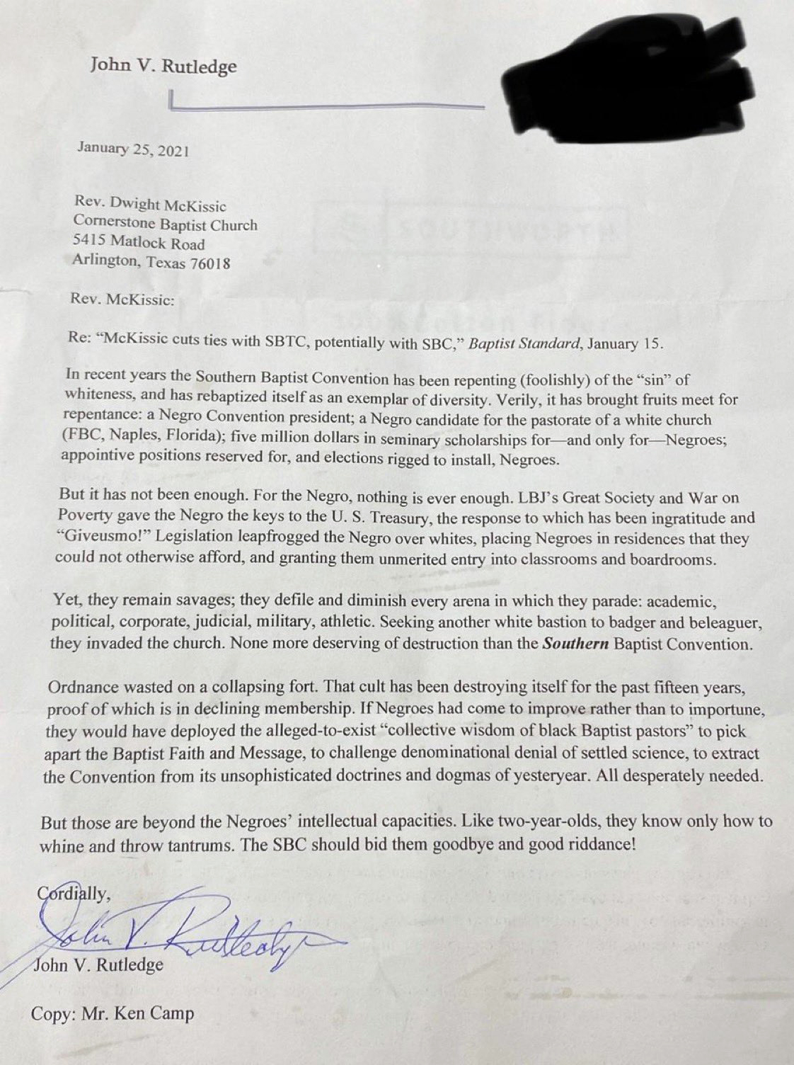 Racist letter sent to Black pastor condemned as ‘vile, sick and