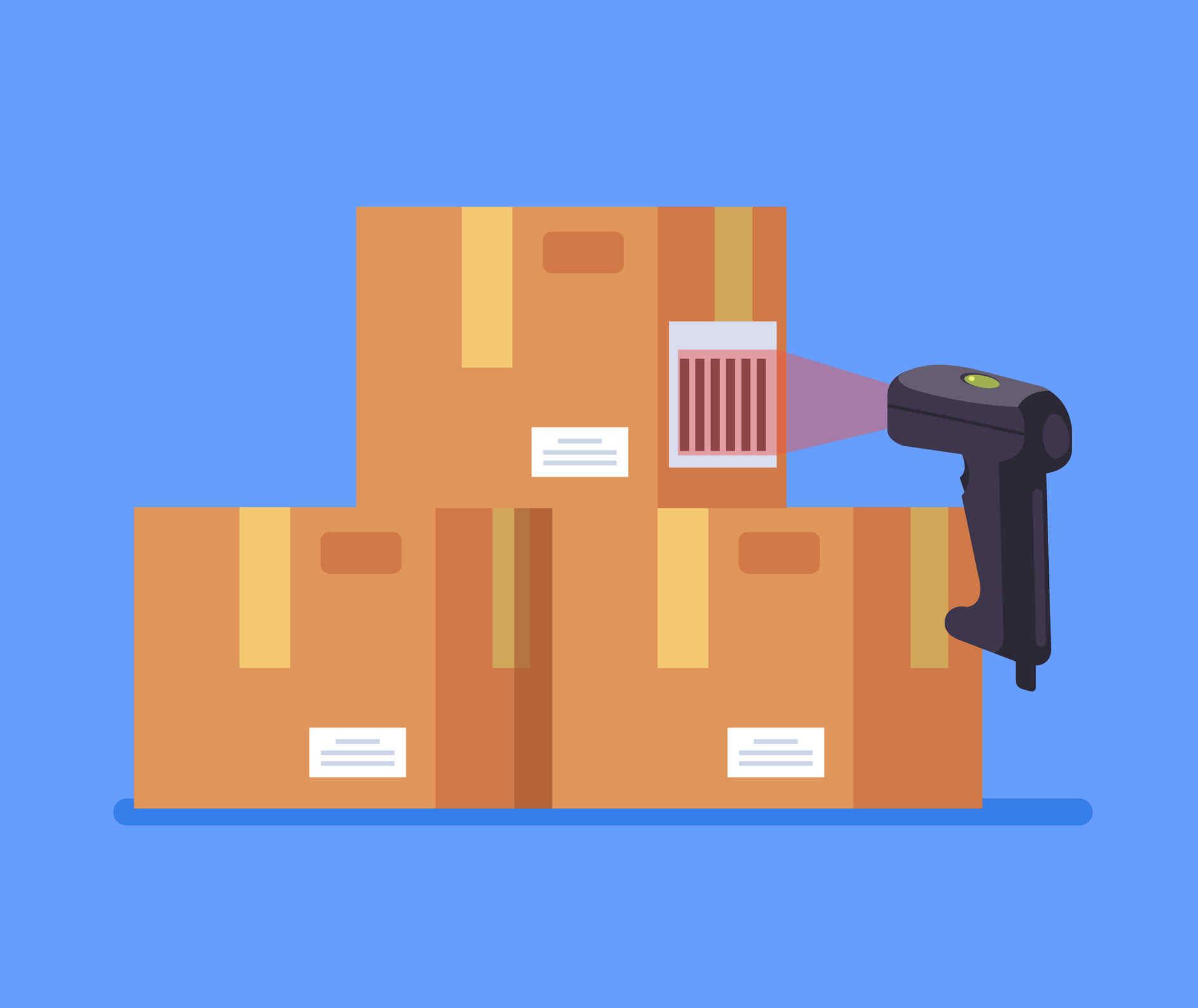 Barcode scanner scanning box label information data. Cargo delivery