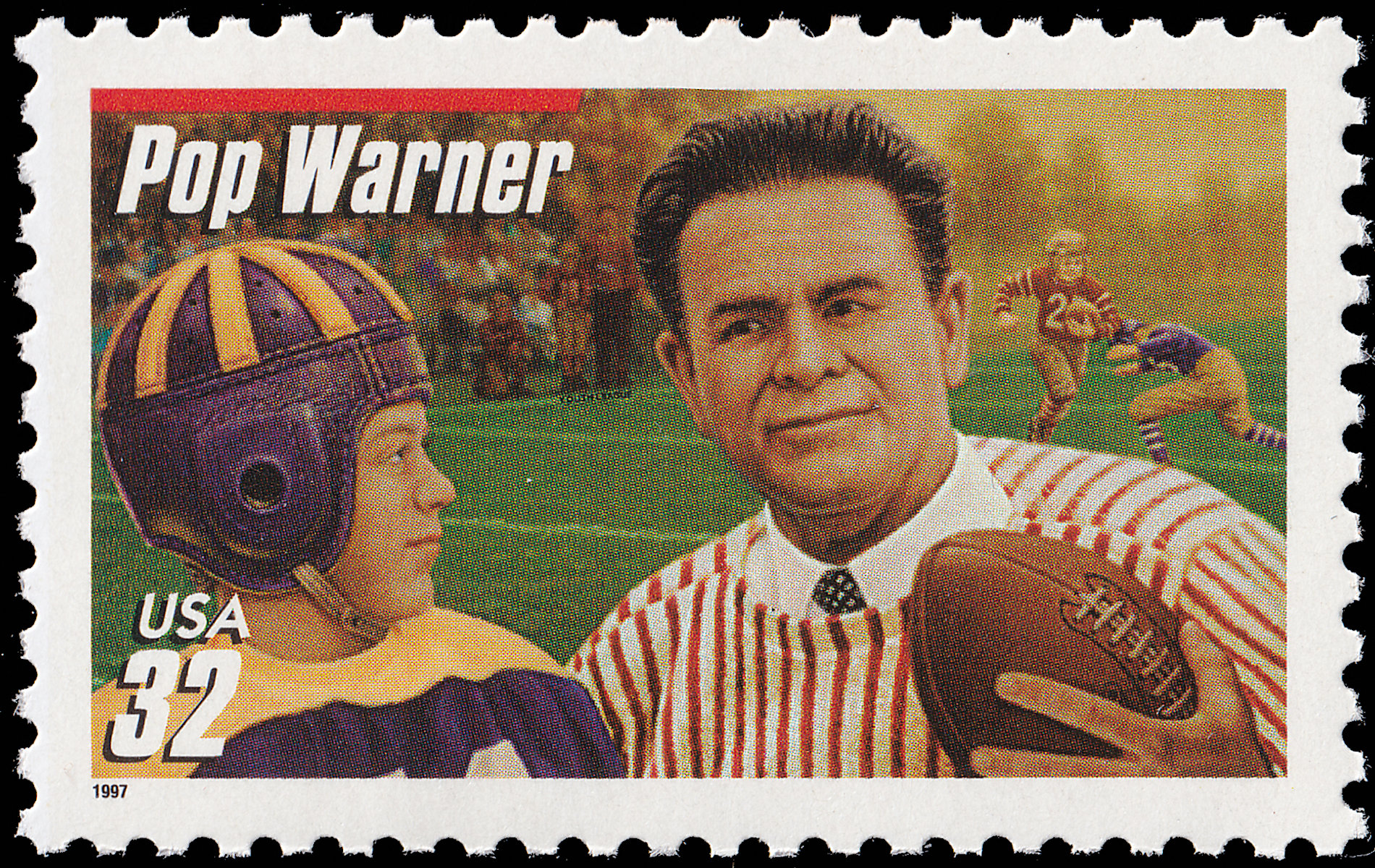 Modern U.S. Stamps Scott 3149, 32c Pop Warner Red Bar Above Coach's Name