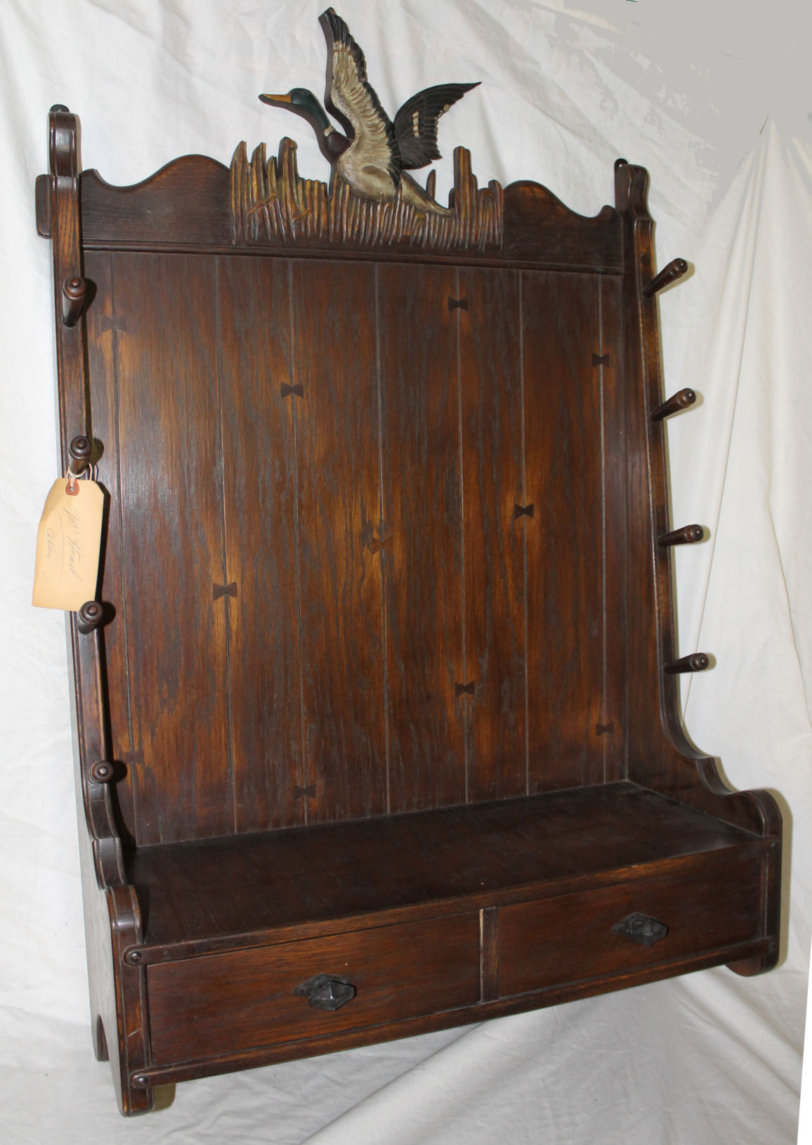 Bargain John's Antiques Oak Hanging Gun Rack with Mallard Duck on