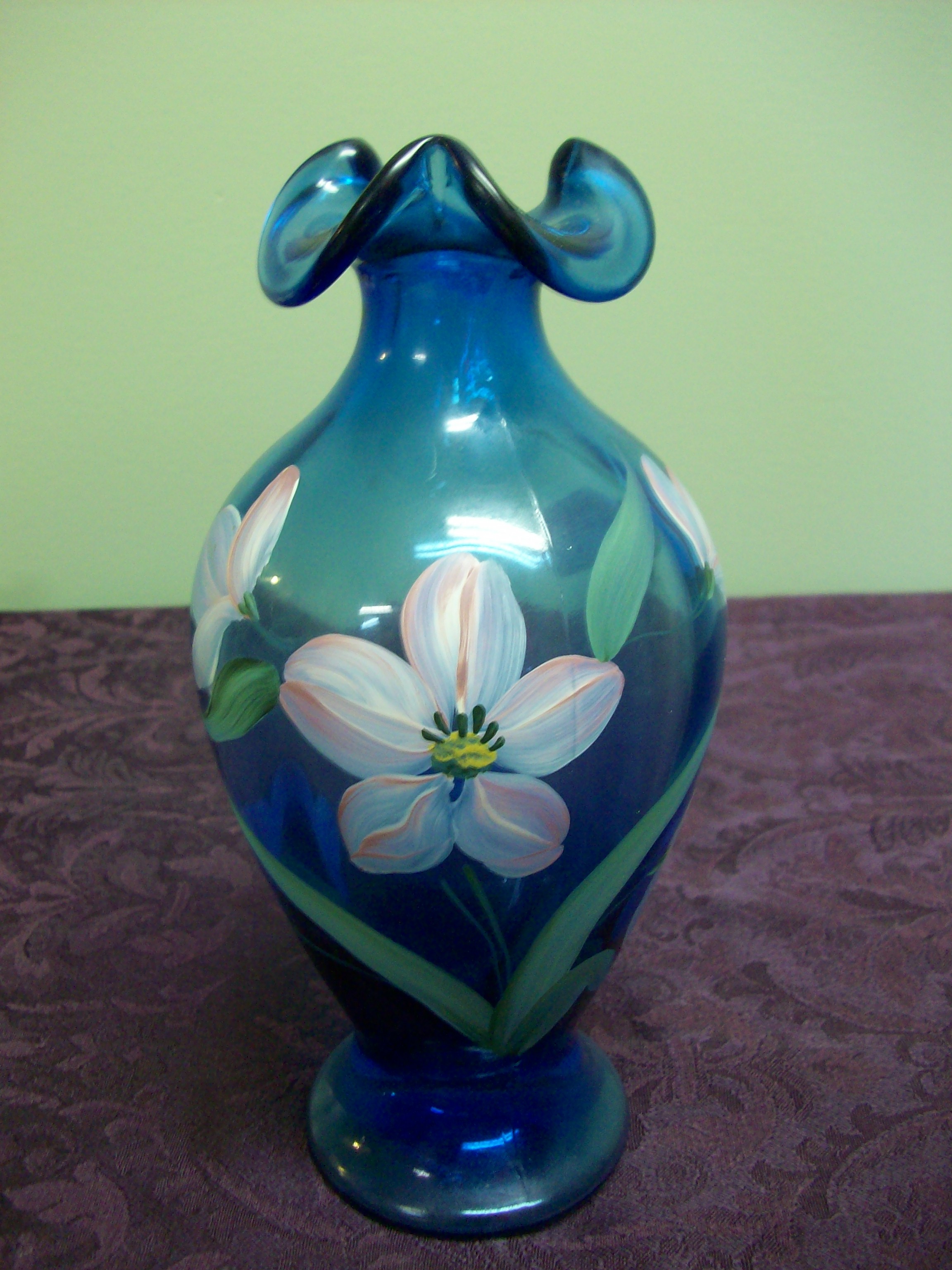 Bargain John's Antiques Blue Art Glass Vase enameled flower