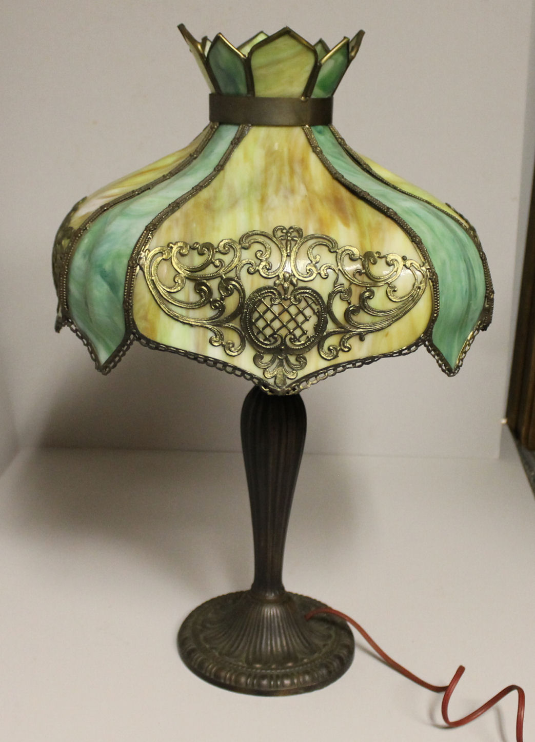 Bargain John's Antiques Antique Panel Lamp with Bent Slag Glass