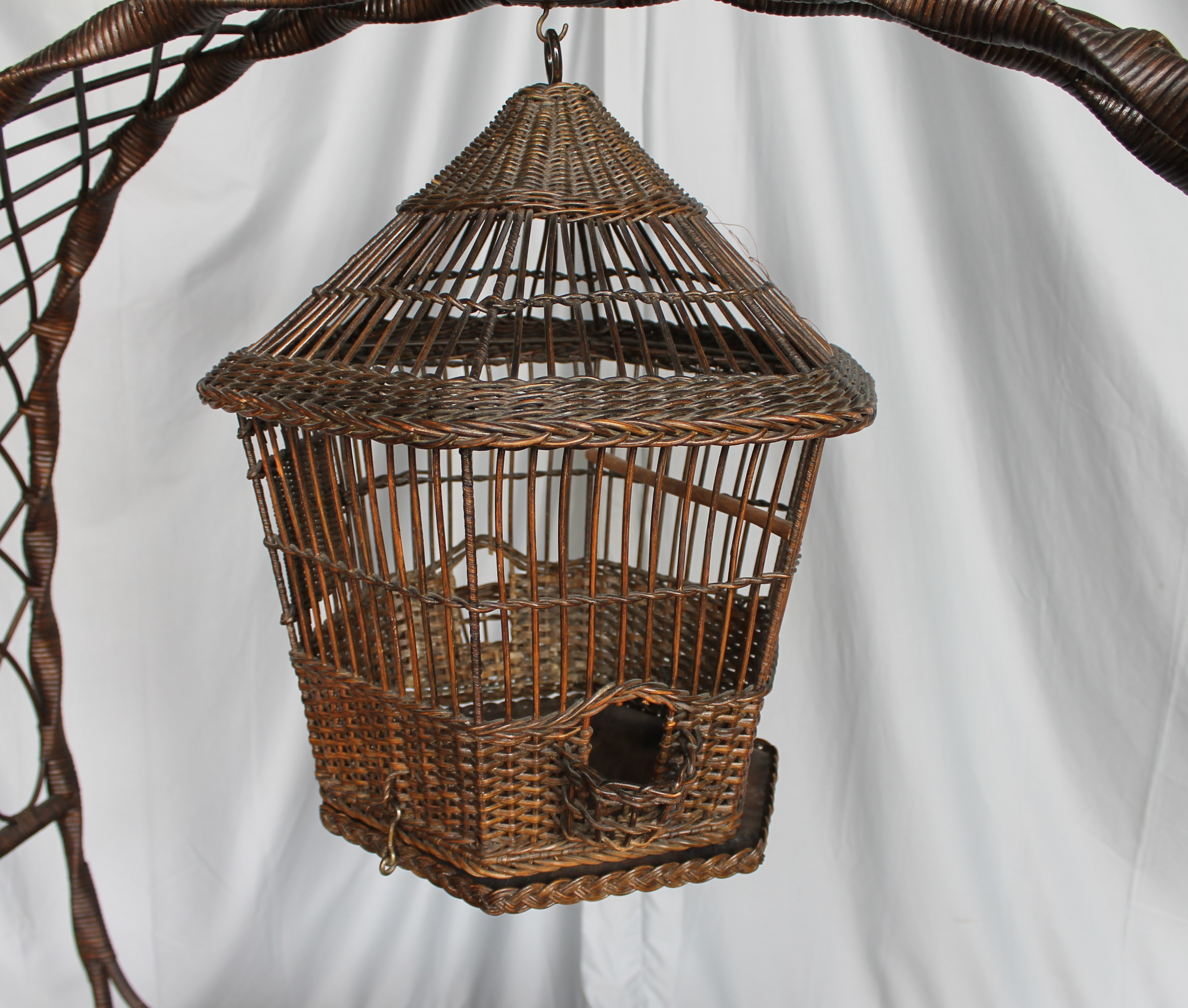 Bargain John's Antiques Antique Wicker Fancy Plant Stand with Hanging