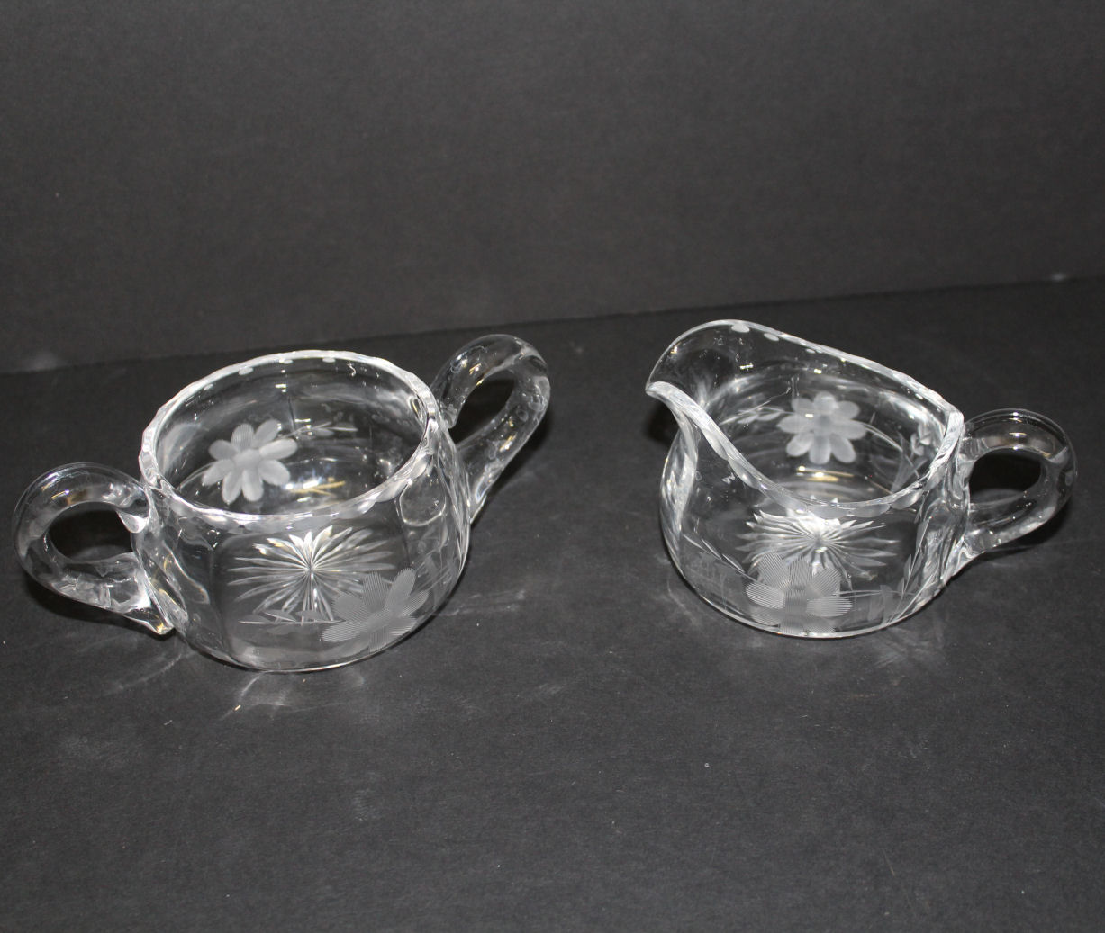 Bargain John's Antiques Cut and Etched Glass Creamer and Open Sugar