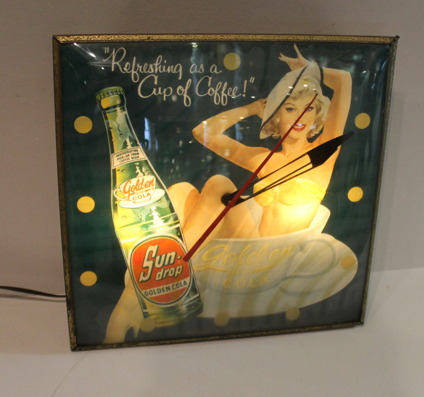 Bargain John's Antiques Sun Drop Golden Girl Cola Advertising Clock 1959 Bargain John's