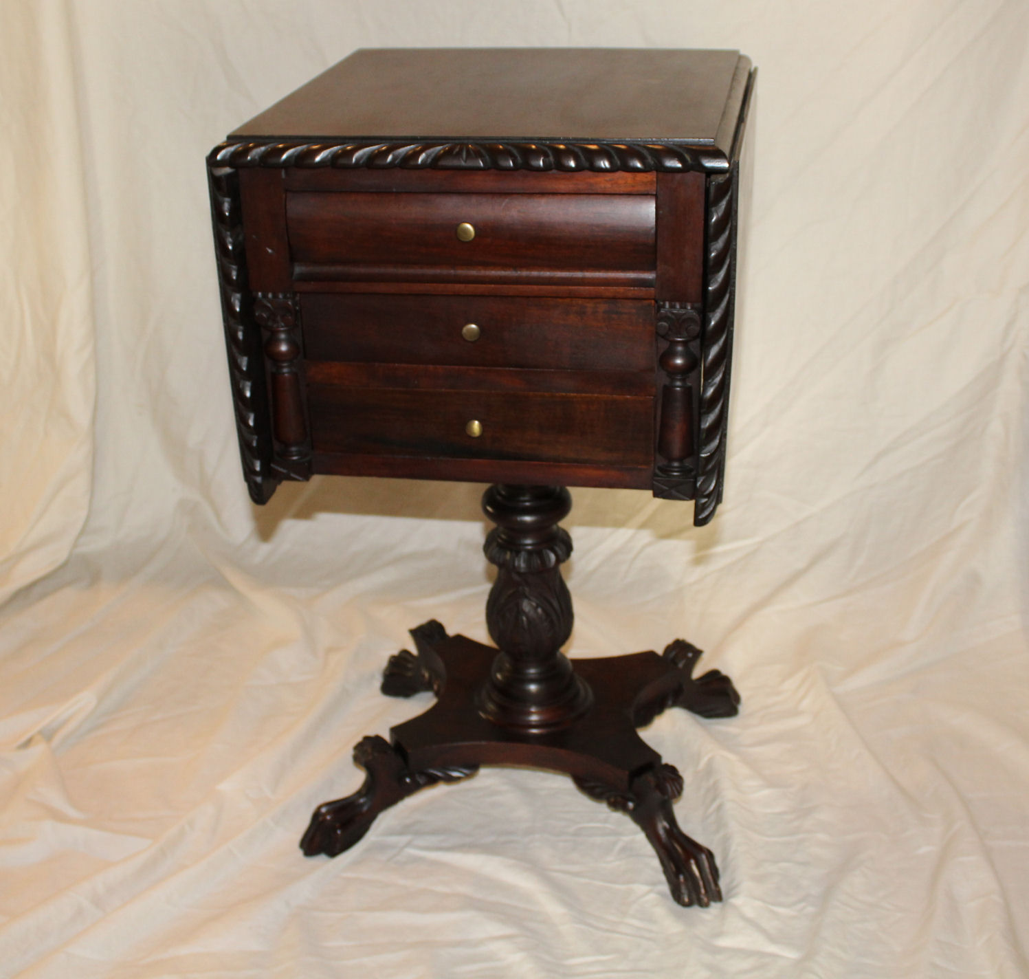 Bargain John's Antiques Mahogany Acanthus carved Drop Leaf Sewing