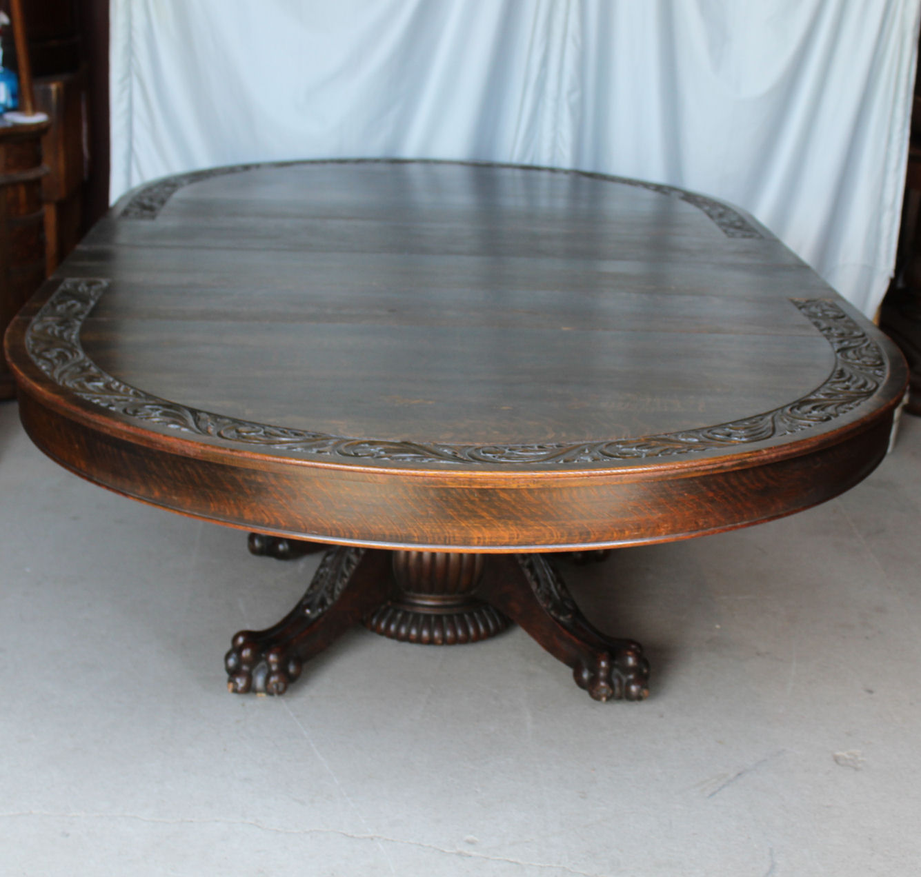 Bargain John's Antiques Antique Round 54" Oak Dining Table carved top and claw feet plus