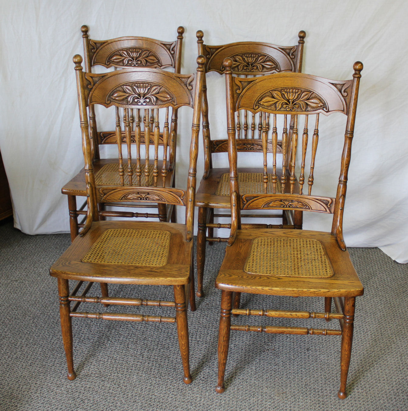 Antique Set Of Twelve Oak Spindle Pressed Back Dining Cane Seat Chairs